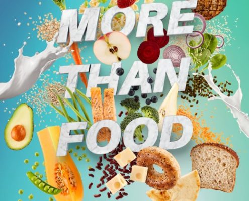 Nutrition month theme is more than food these words appear on a blue background fruit, veggies, grain and milk being tossed in the air